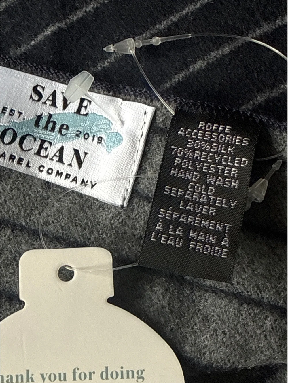 Save the Ocean Apparel Co. Navy Blue Striped Silk Blend Knit Scarf